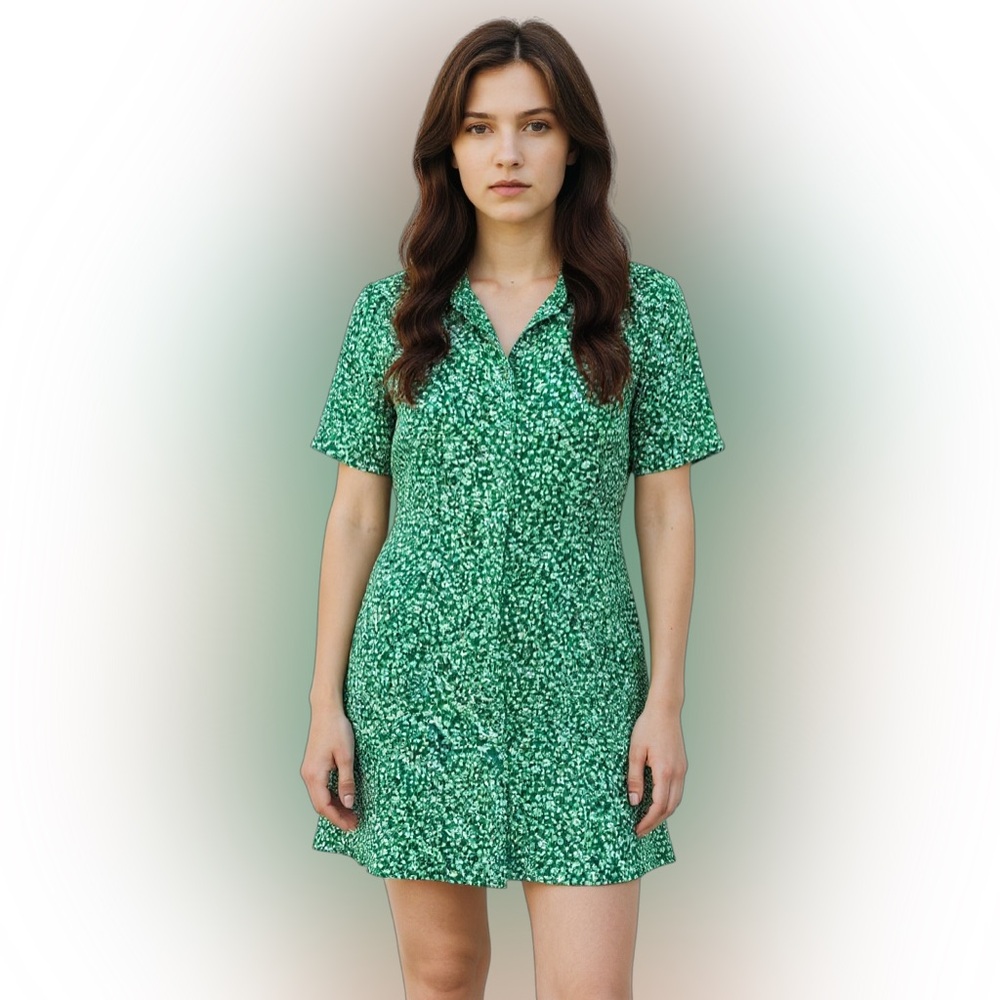 Jacqueline De Yong JDY Lela Green Floral Ditsy Button-Down Mini Shirt Dress XS